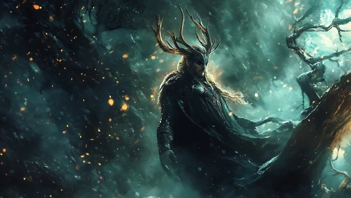 Antlered forest king amid stormlit enchanted woods.