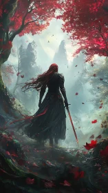 Solitary armored figure with sword in red forest landscape.