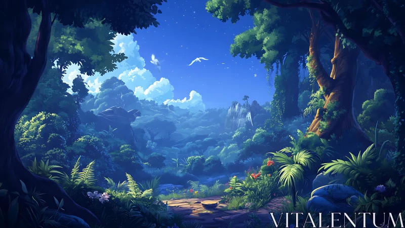 Enchanted Forest Sanctuary with Glowing Sky and Distant Castle