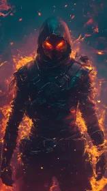 Hooded fire warrior emerging from glowing embers and smoke.