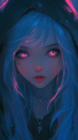 Mystical blue haired girl with glowing pink starlit eyes.
