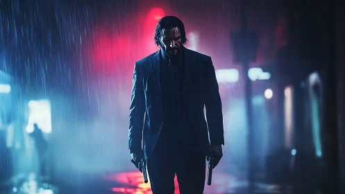 Brooding gunman in neon-soaked rainstorm street scene.