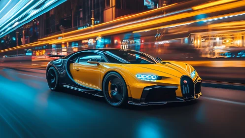 Yellow hypercar streaking through neon-soaked midnight streets.