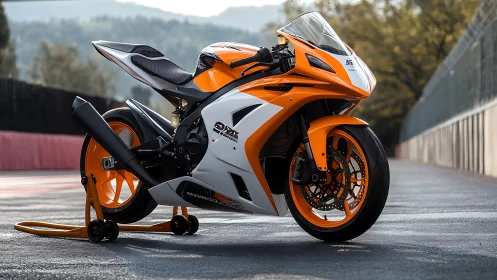 Orange and white racing superbike on paddock stand at trackside.