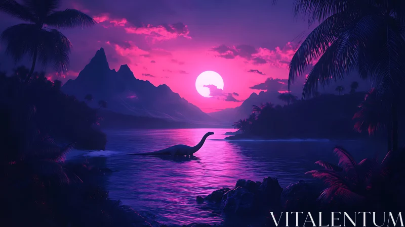 Neon twilight lagoon frames silhouetted dinosaur against sun