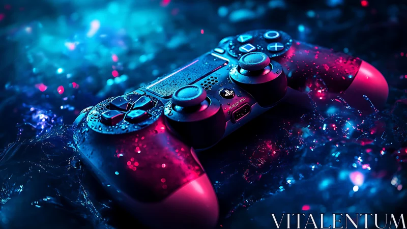 Glowing game controller resting in neon lit water droplets.