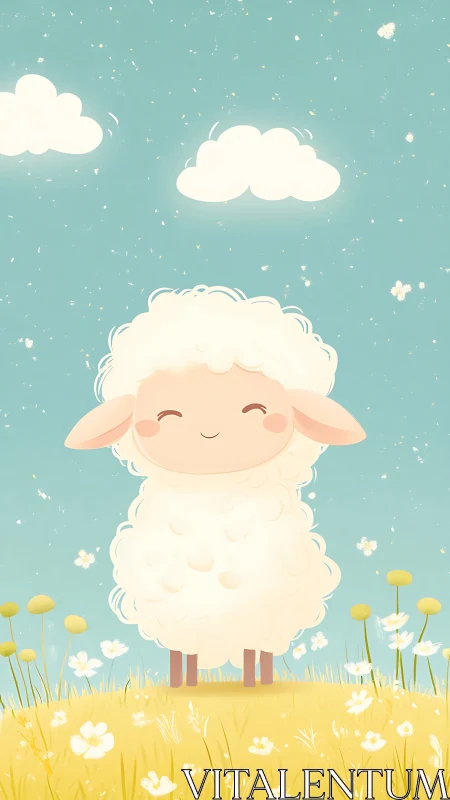 Smiling cartoon lamb in pastel meadow with soft clouds above.