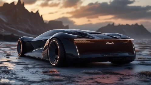 Futuristic black concept car on wet landscape at dusk.