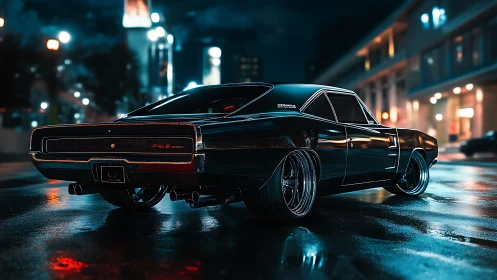 Widebody black muscle car rendered on wet neon-lit urban street