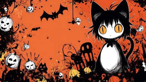 Cartoon cat character stands in stylized Halloween backdrop