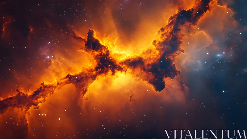 Fiery orange nebula cloud formation in deep outer space.