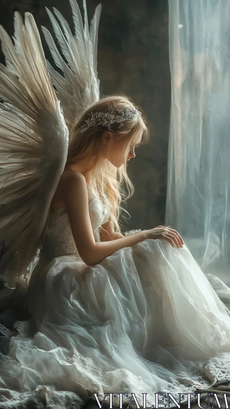 Melancholic winged woman rests beside soft diffused window light
