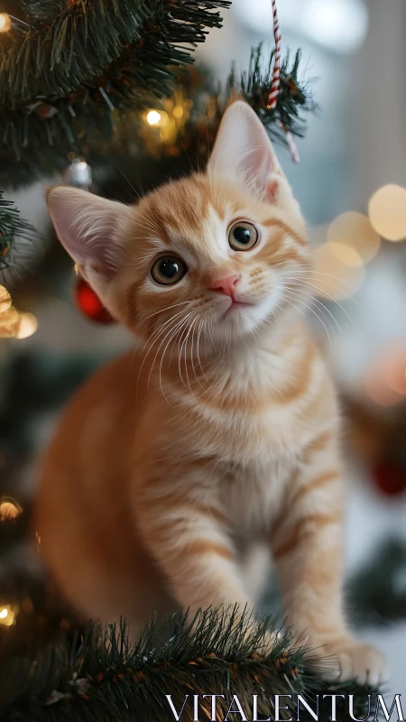 Wide eyed ginger kitten plotting mischief in glowing boughs.