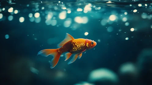 Single orange goldfish suspended in deep teal bokeh water