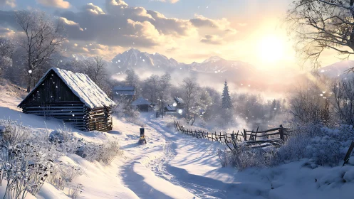 Sunlit winter cabin along a quiet snowy country lane.