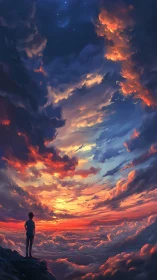 Dreamy sunset sky welcoming a lone stargazing wanderer.