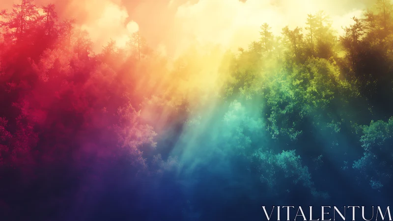 Multicolored forest canopy under diffused sunlight rays.