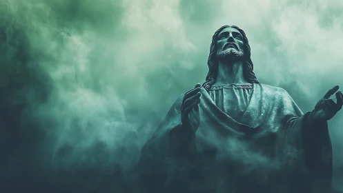 Majestic Christ statue rises through swirling ethereal fog.