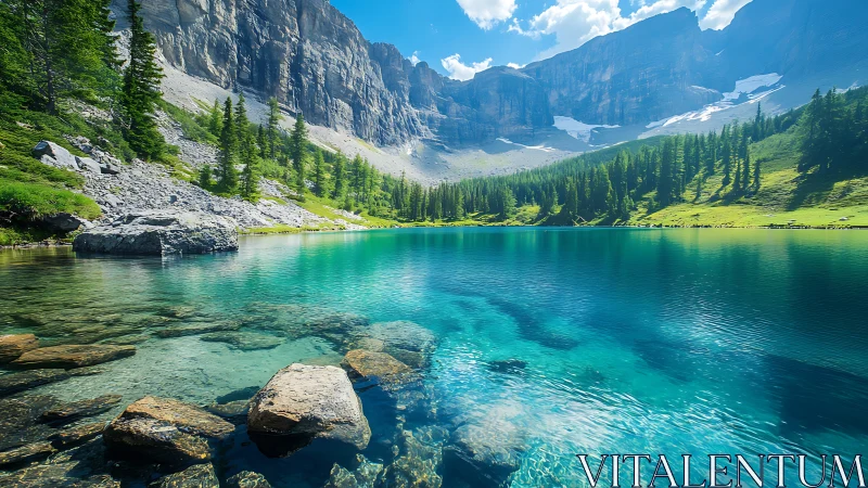 Glacial alpine lake with stratified cliffs and refracted clarity.