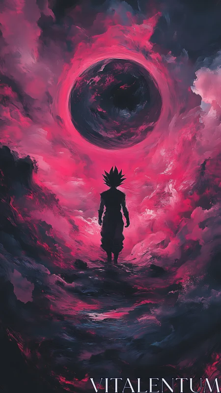 Silhouetted figure beneath dark sphere in red cloud vortex.