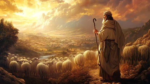 Sunlit shepherd guides his flock toward a distant promised valley