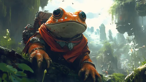 Adventurous frog explorer pauses in a misty floating jungle