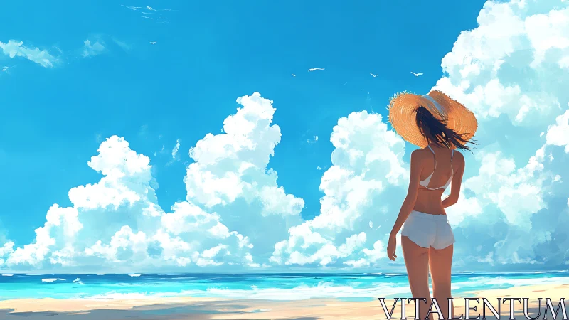 Digital painting of summer beach figure with cumulus sky.