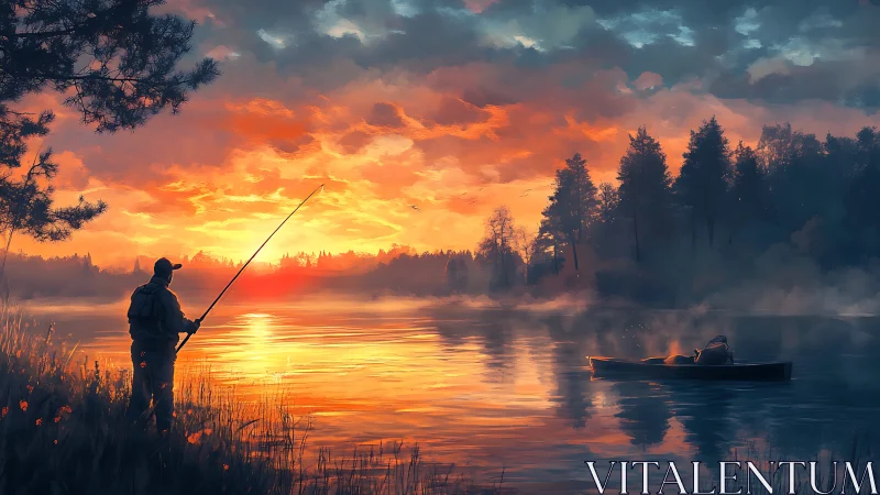 Sunrise angler silhouette over glowing misty lake