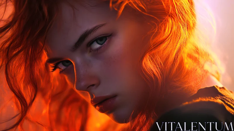 Fiery backlight ignites intense red-haired portrait gaze.