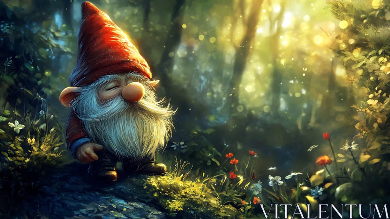 Forest gnome rests in glowing sunlit clearing