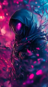 Hooded void wraith emerges in neon bioluminescent haze