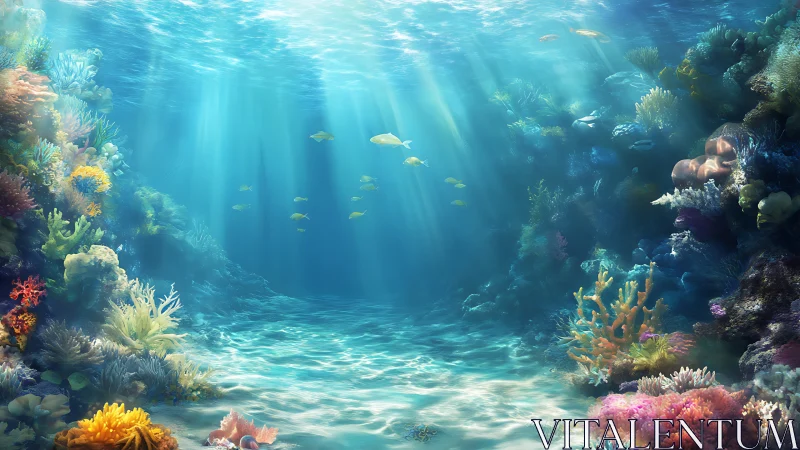 Sunlit coral amphitheater cradles drifting golden fish