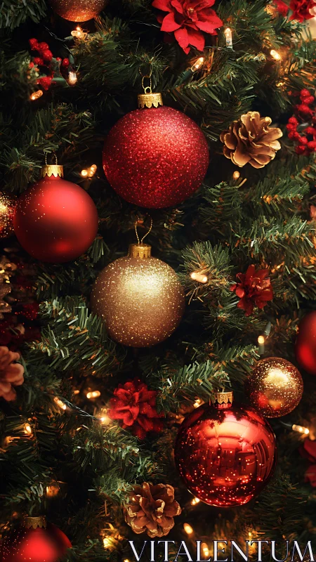 Red and gold ornaments hanging on a lit Christmas tree.
