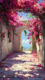Sunlit seaside passage framed by tumbling pink blooms.