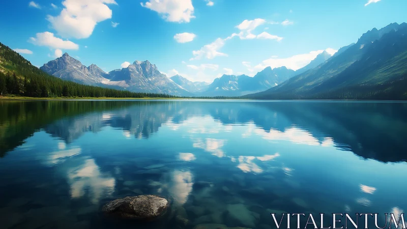 Gentle alpine lake mirrors bright blue sky and quiet mountains