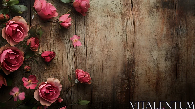 Pink Roses on Weathered Wood Background.