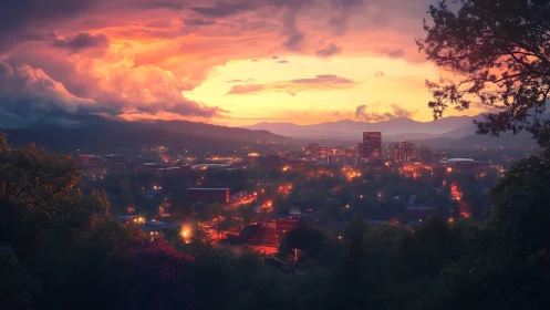 City skyline at dusk under vivid clouds and mountains.