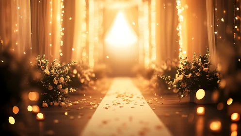 Golden wedding aisle with floral arrangements and lights.