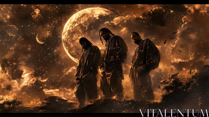 Three figures under enlarged moon in orange-toned sky.