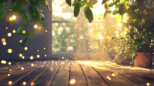 Volumetric sunlight illuminates indoor plants and floating bokeh