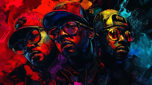 Triadic hip-hop portraits in neon chromatic digital brushwork.