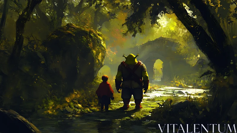Ogre and child crossing luminous forest creek toward ruins