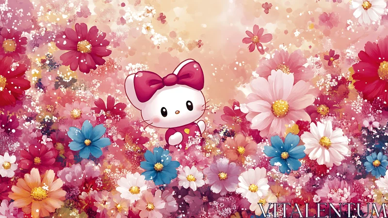 Cute white cartoon kitten surrounded by bright spring flowers.