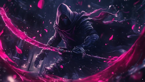 Hooded nightblade unleashes glowing magenta energy slash.