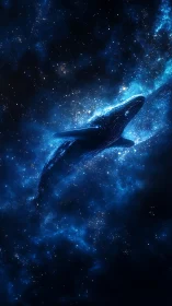 Cosmic whale silhouette drifting through luminous blue nebula