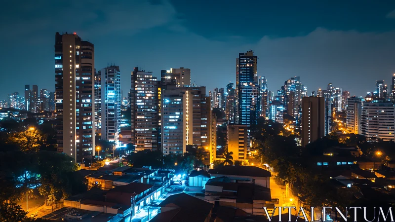 Vibrant high rise skyline glows against a calm night sky
