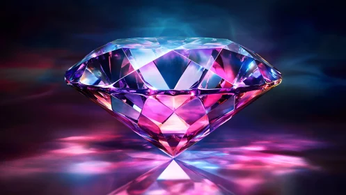 Brilliant cut diamond with vibrant neon reflections, digital art.