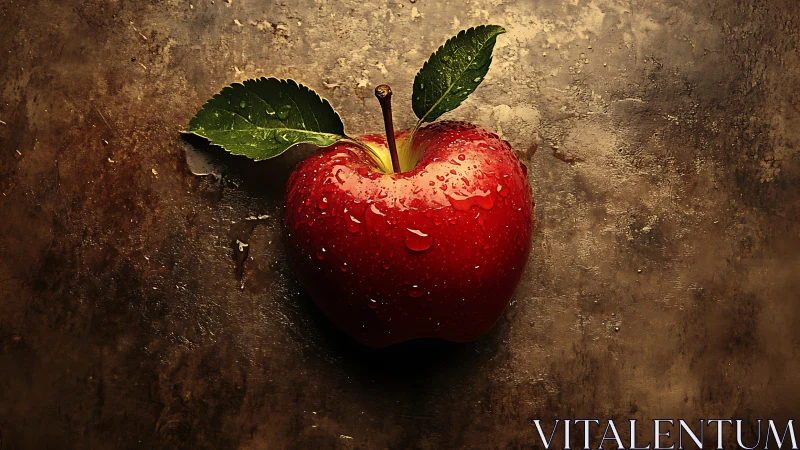 Juicy red apple resting on rustic bronze toned table.