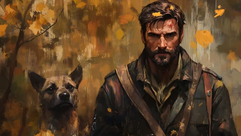 Battle-worn survivor stands with loyal dog in autumn forest