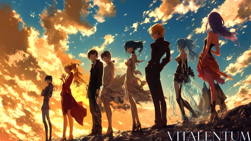 Sunlit anime silhouettes against radiant sunset clouds.